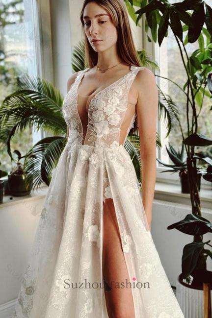 Long Ivory V Neck Beach Wedding Dress A Line Split Front Sleeveless Bridal Gown With Lace