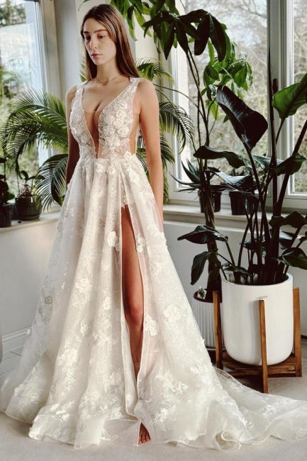 Long Ivory V Neck Beach Wedding Dress A Line Split Front Sleeveless Bridal Gown With Lace