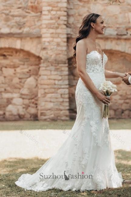 Long Ivory Wedding Dress Mermaid Strapless Lace Bridal Gown With Train
