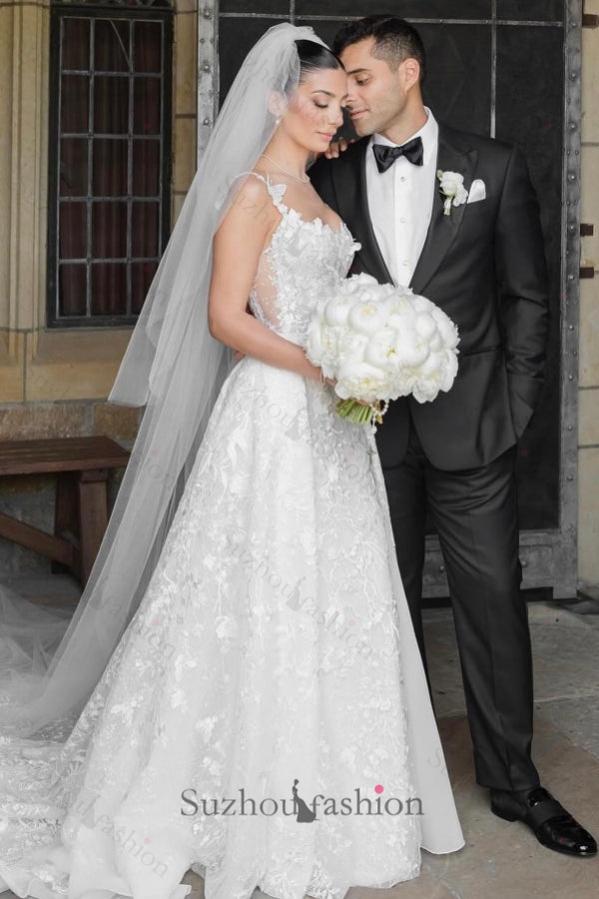 Long Ivory Wedding Dress Sleeveless Lace Bridal Gown With Detachable Panel Train