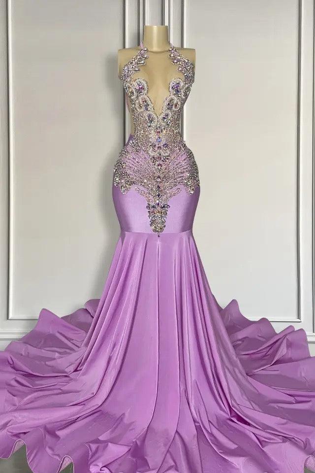 Long Lilac Sleeveless Halter Mermaid Formal Dresses With Beadings