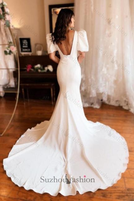 Long Mermaid Beach Wedding Dress Square Neck Satin Backless Bridal Gown With Short Sleeves