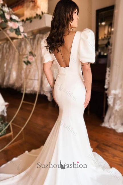 Long Mermaid Beach Wedding Dress Square Neck Satin Backless Bridal Gown With Short Sleeves