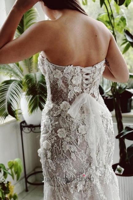 Long Mermaid Beach Wedding Dress Strapless Lace Sequined Bridal Gown With Train