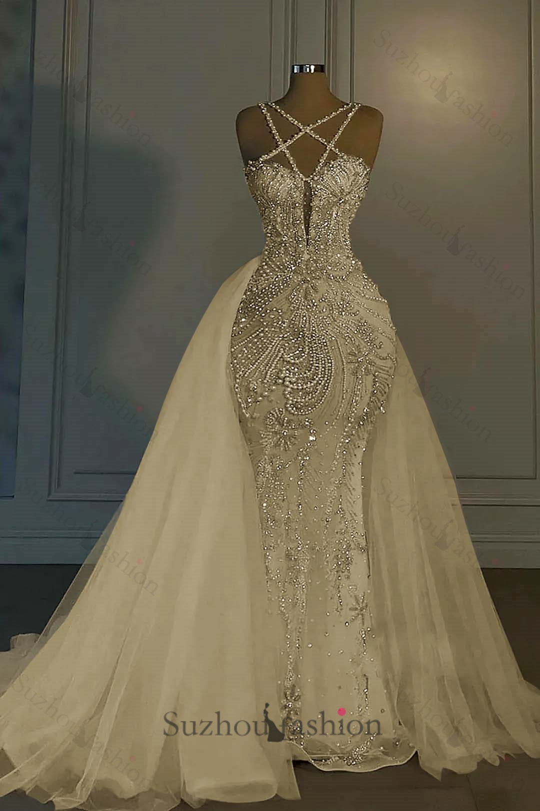 Long Mermaid V Neck Spaghetti Strap Heavy Bridal Gown With Beadings