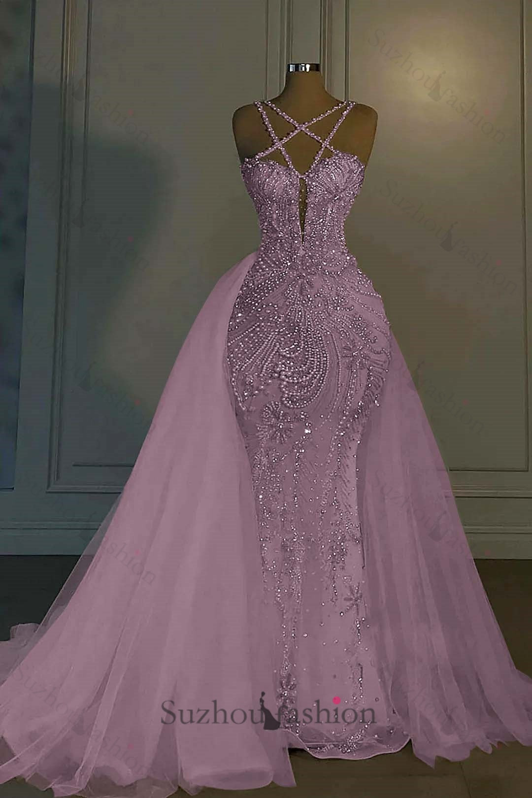 Long Mermaid V Neck Spaghetti Strap Heavy Bridal Gown With Beadings