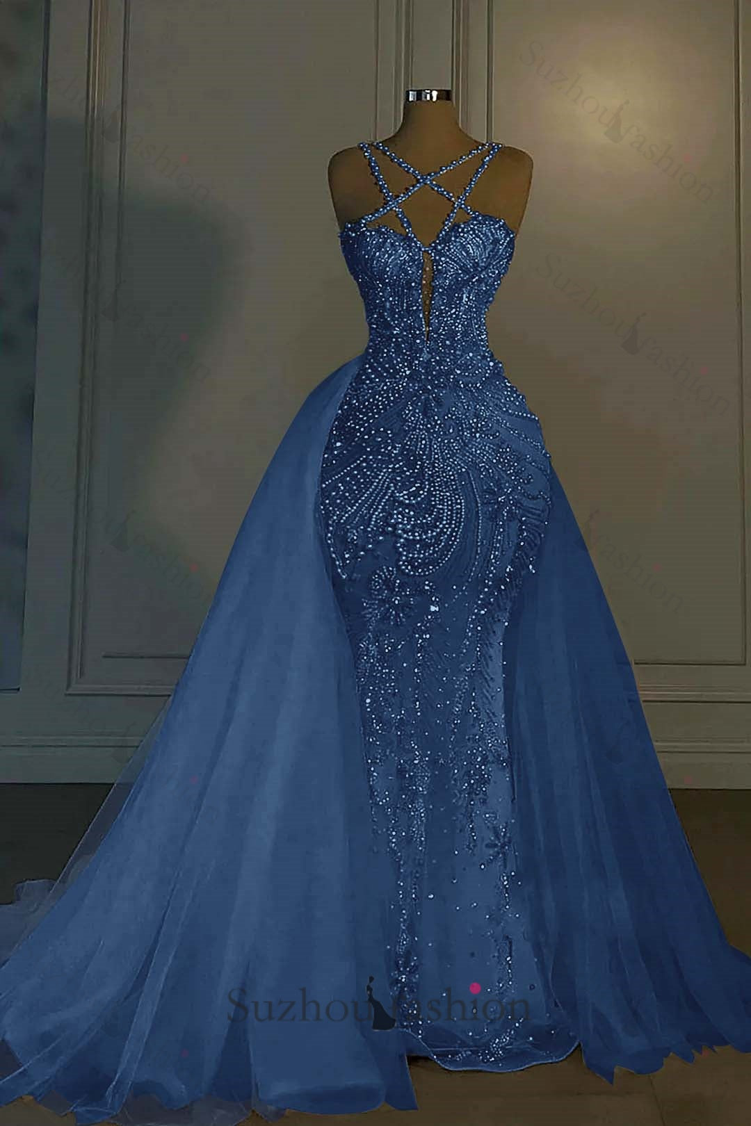 Long Mermaid V Neck Spaghetti Strap Heavy Bridal Gown With Beadings
