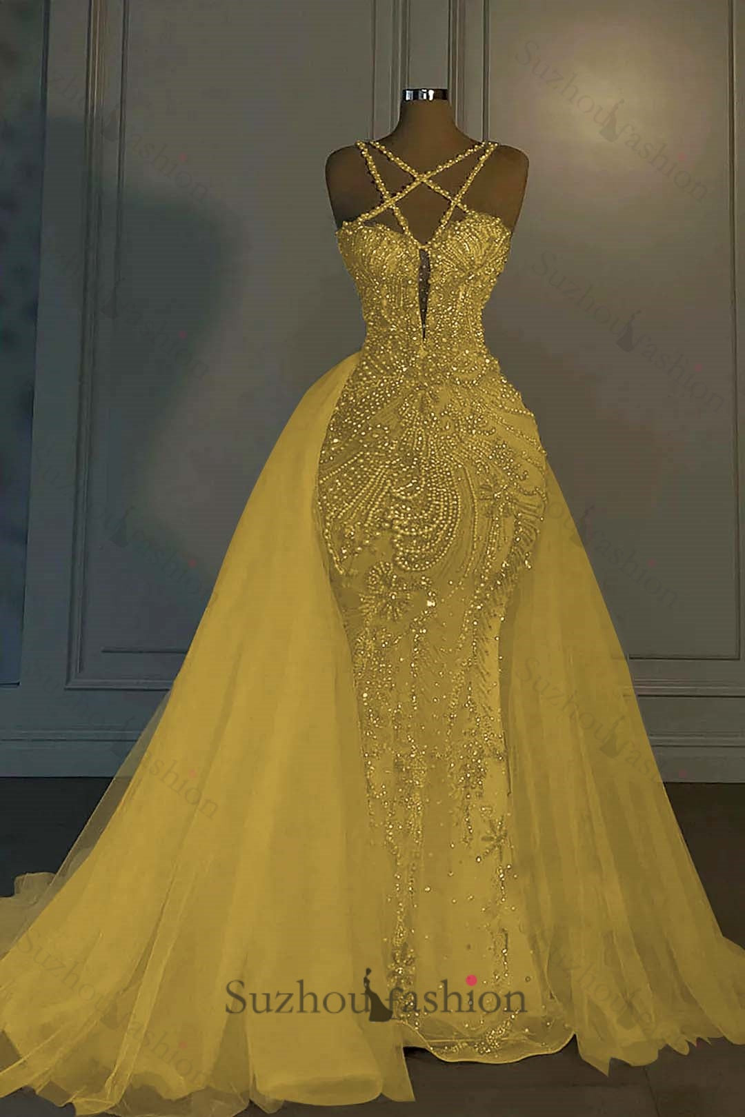 Long Mermaid V Neck Spaghetti Strap Heavy Bridal Gown With Beadings