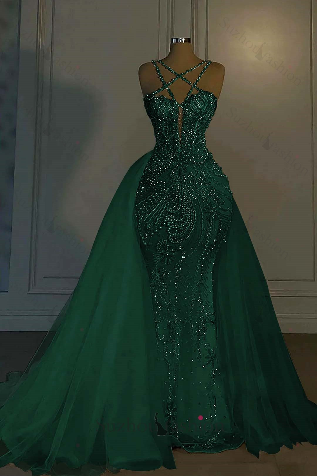 Long Mermaid V Neck Spaghetti Strap Heavy Bridal Gown With Beadings