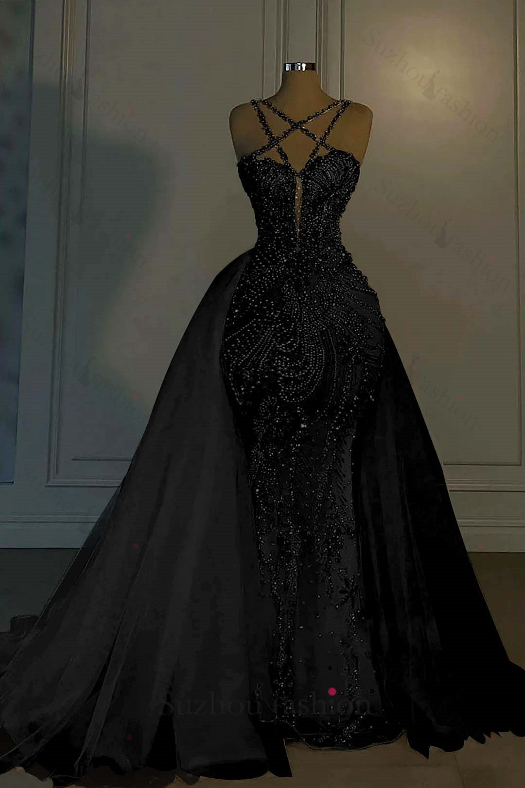 Long Mermaid V Neck Spaghetti Strap Heavy Bridal Gown With Beadings