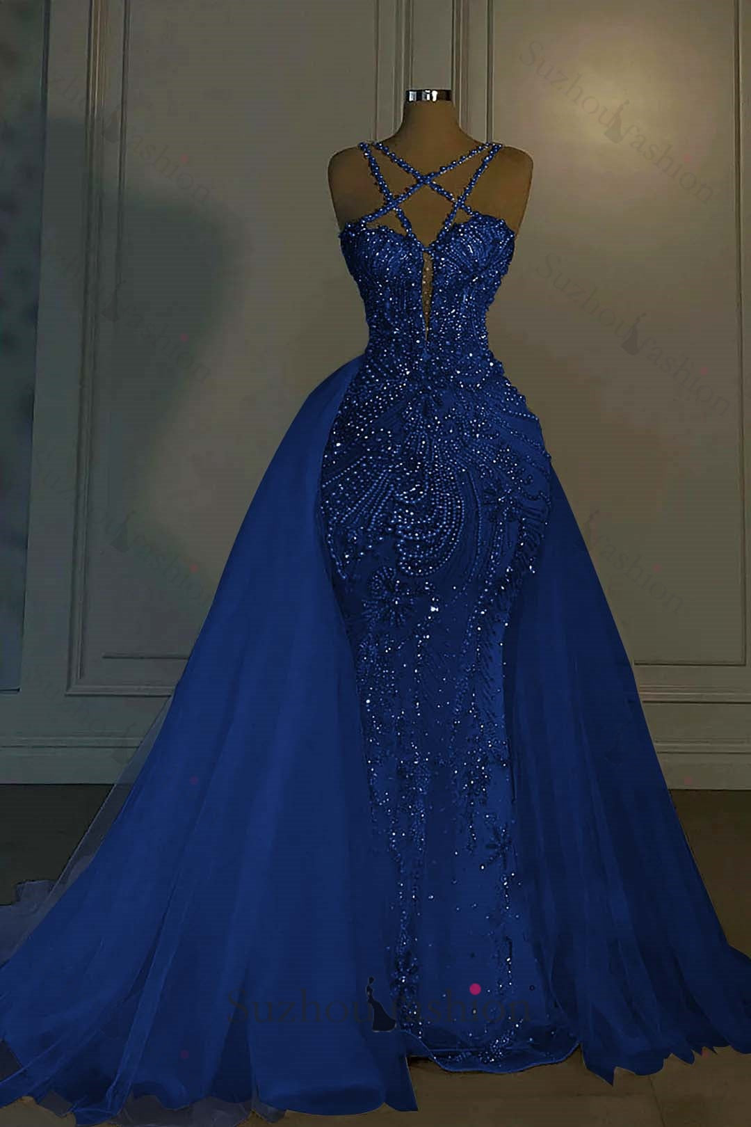 Long Mermaid V Neck Spaghetti Strap Heavy Bridal Gown With Beadings