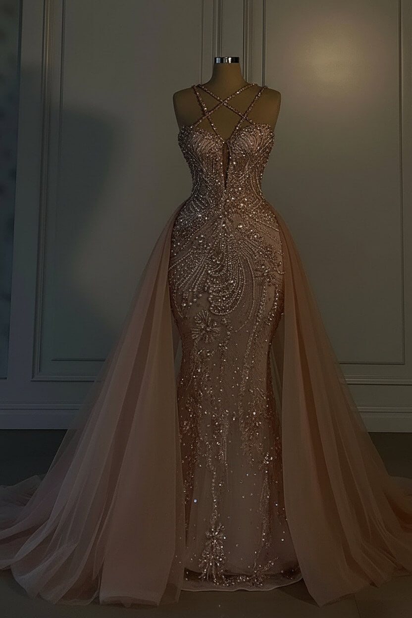 Long Mermaid V Neck Spaghetti Strap Heavy Bridal Gown With Beadings