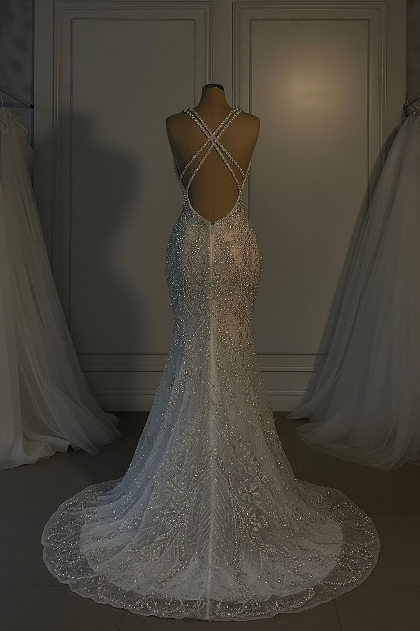 Long Mermaid V Neck Spaghetti Strap Heavy Bridal Gown With Beadings