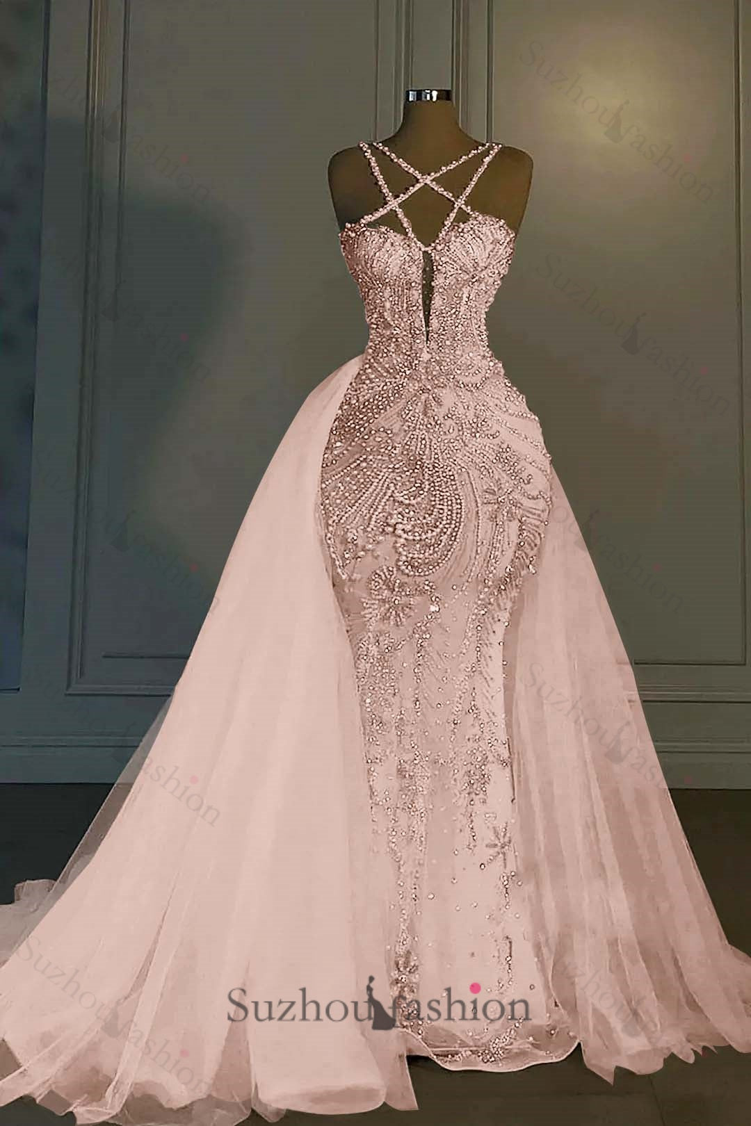 Long Mermaid V Neck Spaghetti Strap Heavy Bridal Gown With Beadings