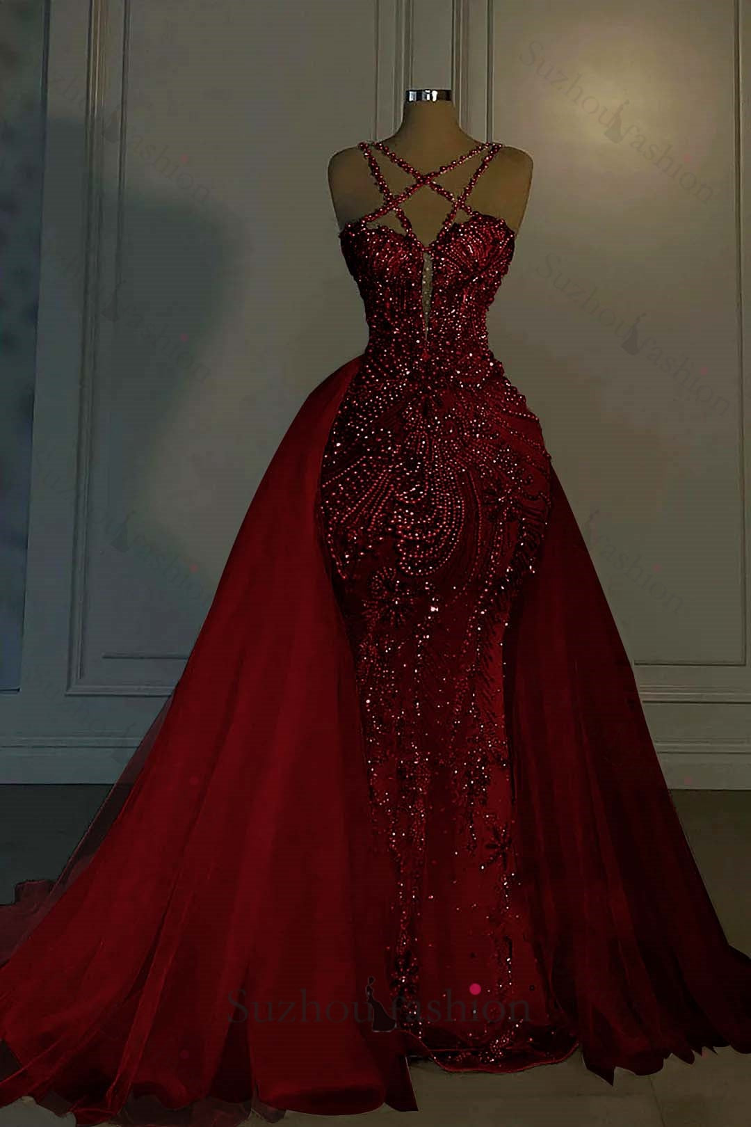 Long Mermaid V Neck Spaghetti Strap Heavy Bridal Gown With Beadings