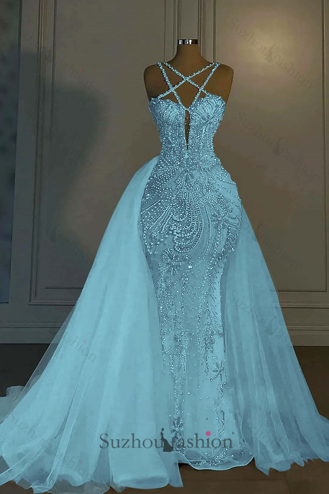 Long Mermaid V Neck Spaghetti Strap Heavy Bridal Gown With Beadings
