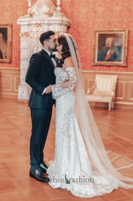 Long Mermaid Wedding Dress Off The Shoulder Lace Bridal Gown With Long Sleeves