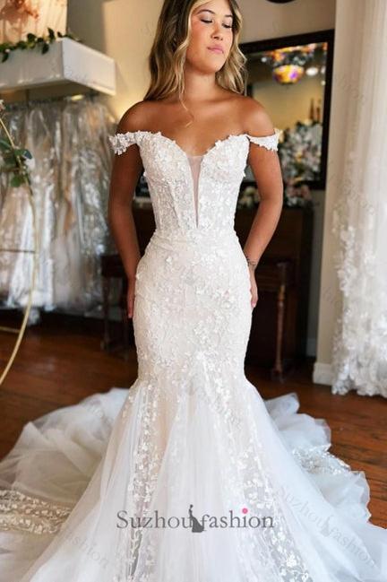 Long Mermaid Wedding Dress Off The Shoulder Lace Sleeveless Bridal Gown With Train