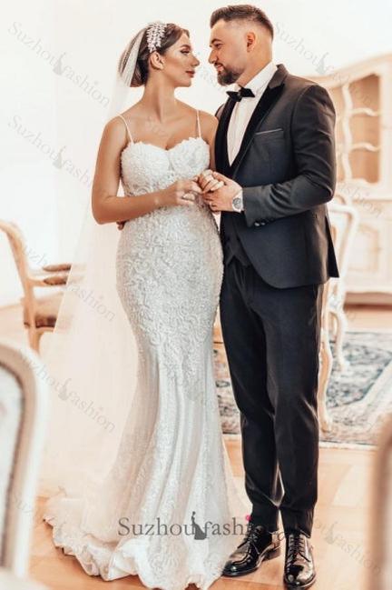 Long Mermaid Wedding Dress Spaghetti Straps Lace Sleeveless Bridal Gown