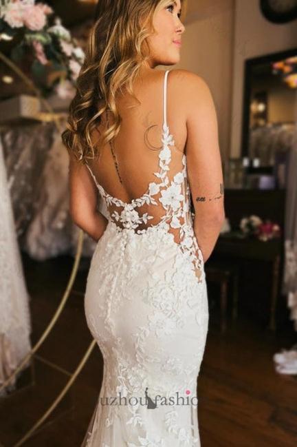Long Mermaid Wedding Dress Spaghetti Straps V Neck Backless Bridal Gown