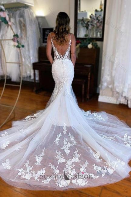Long Mermaid Wedding Dress V Neck Sleeveless Lace Bridal Gown With Train