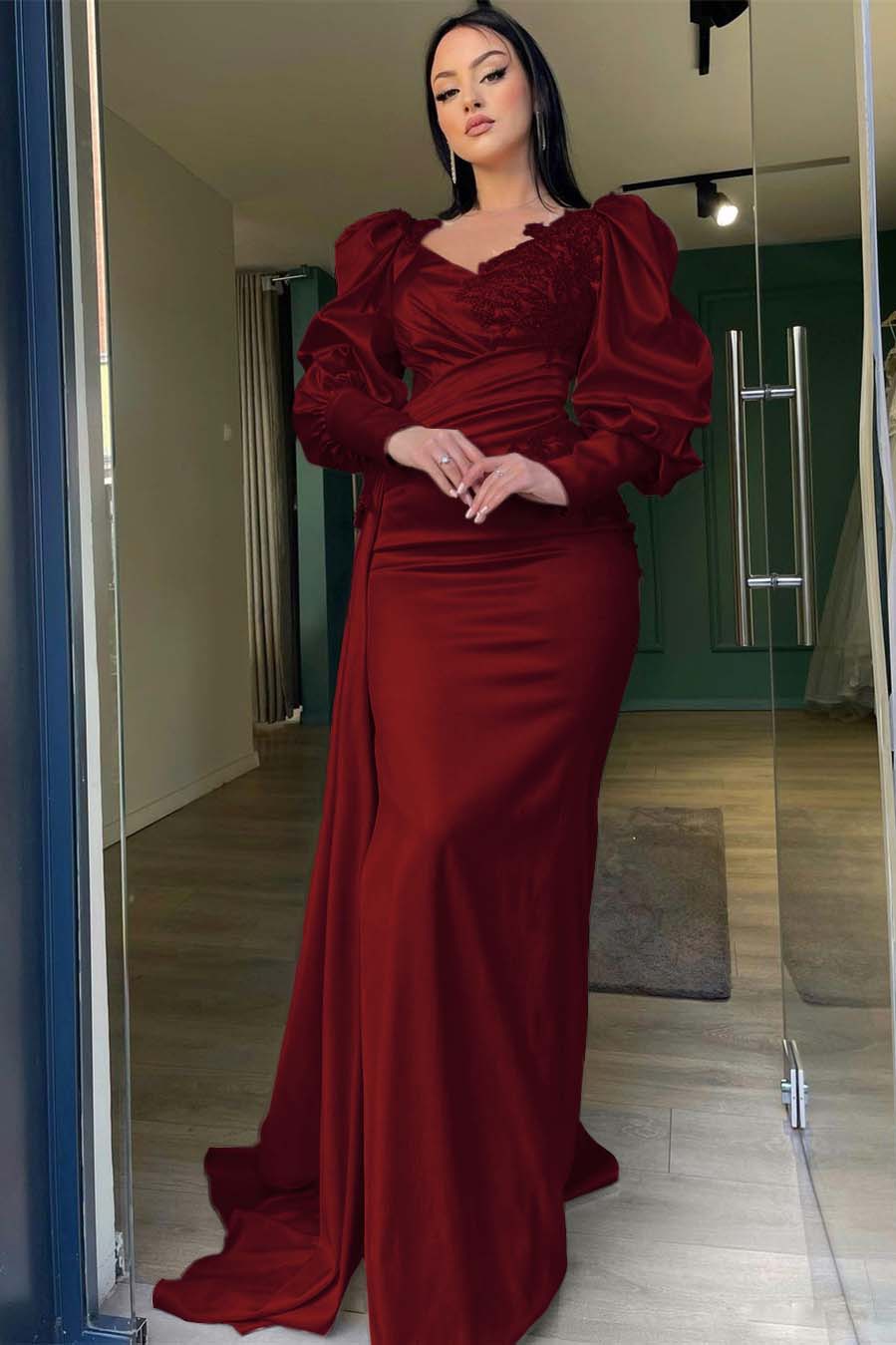 Long Puff Sleeves Prom Dress Pleated Mermaid Split Evening Formal Dress With Appliques Ruffles