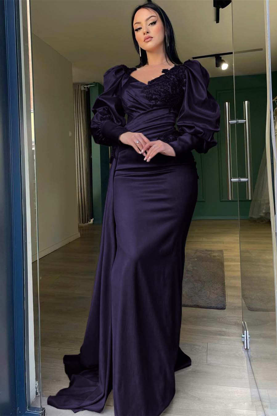 Long Puff Sleeves Prom Dress Pleated Mermaid Split Evening Formal Dress With Appliques Ruffles