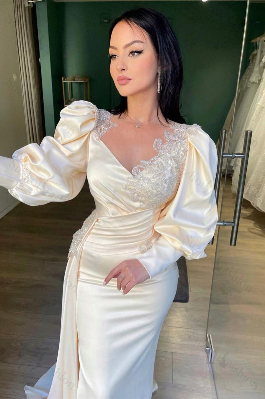Long Puff Sleeves Prom Dress Pleated Mermaid Split Evening Formal Dress With Appliques Ruffles