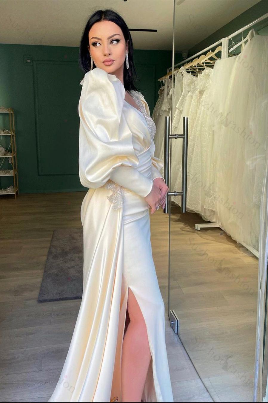 Long Puff Sleeves Prom Dress Pleated Mermaid Split Evening Formal Dress With Appliques Ruffles