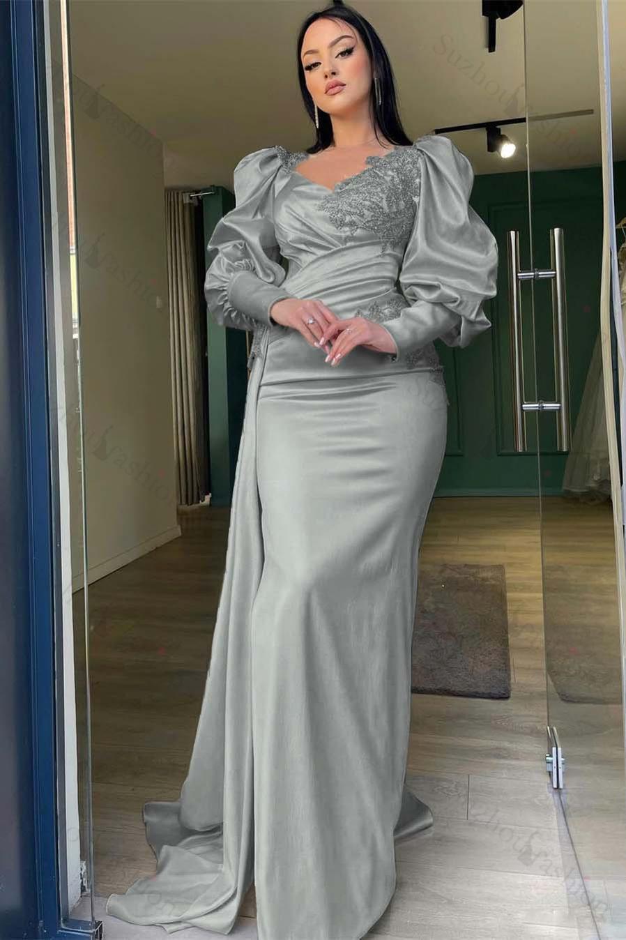 Long Puff Sleeves Prom Dress Pleated Mermaid Split Evening Formal Dress With Appliques Ruffles