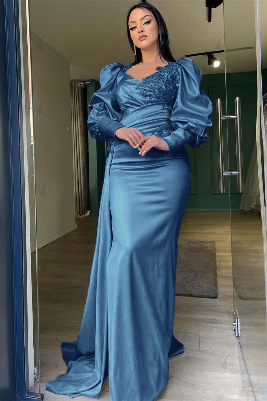 Long Puff Sleeves Prom Dress Pleated Mermaid Split Evening Formal Dress With Appliques Ruffles