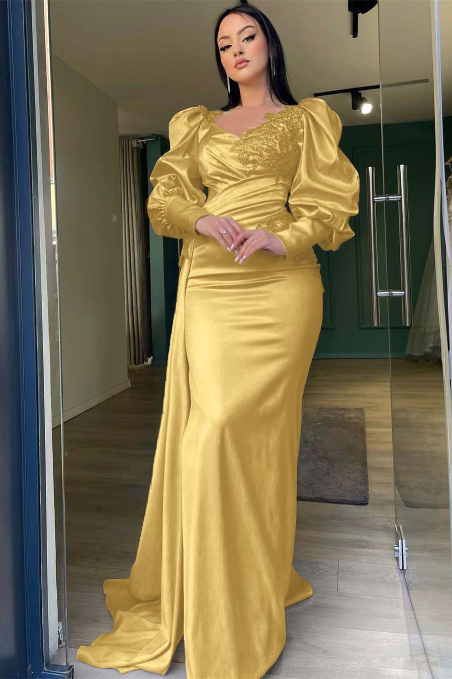 Long Puff Sleeves Prom Dress Pleated Mermaid Split Evening Formal Dress With Appliques Ruffles