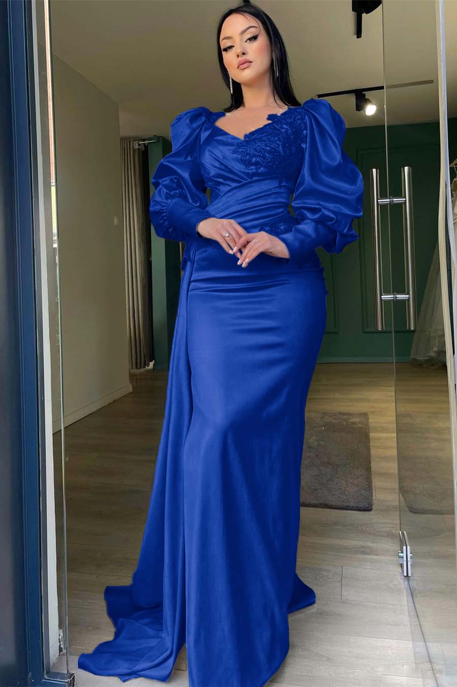 Long Puff Sleeves Prom Dress Pleated Mermaid Split Evening Formal Dress With Appliques Ruffles