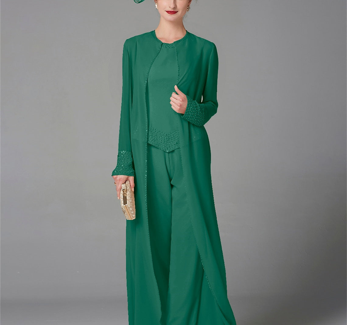 Long Sleeve Chiffon Mother of the Bride Pantsuit with Jacket and Sequins