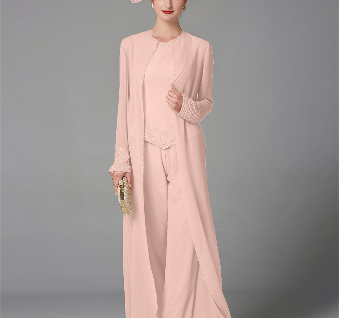 Long Sleeve Chiffon Mother of the Bride Pantsuit with Jacket and Sequins