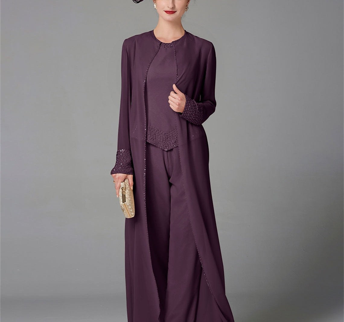 Long Sleeve Chiffon Mother of the Bride Pantsuit with Jacket and Sequins