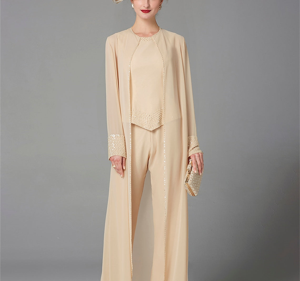 Long Sleeve Chiffon Mother of the Bride Pantsuit with Jacket and Sequins