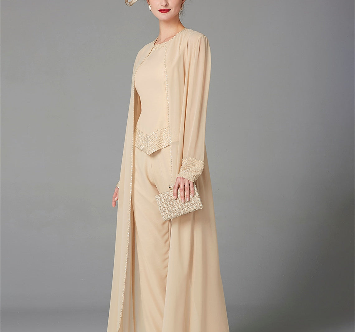 Long Sleeve Chiffon Mother of the Bride Pantsuit with Jacket and Sequins