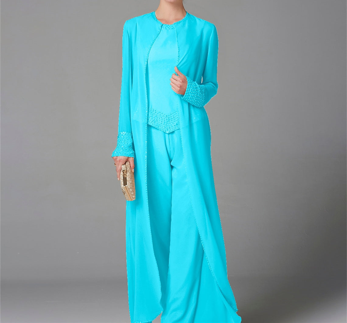 Long Sleeve Chiffon Mother of the Bride Pantsuit with Jacket and Sequins