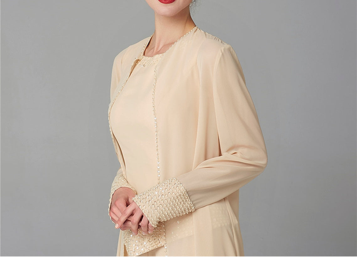 Long Sleeve Chiffon Mother of the Bride Pantsuit with Jacket and Sequins