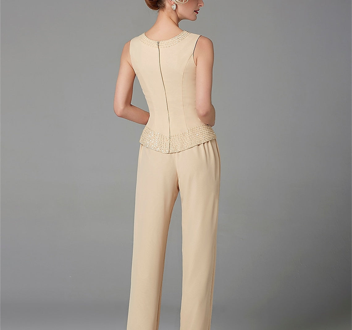 Long Sleeve Chiffon Mother of the Bride Pantsuit with Jacket and Sequins