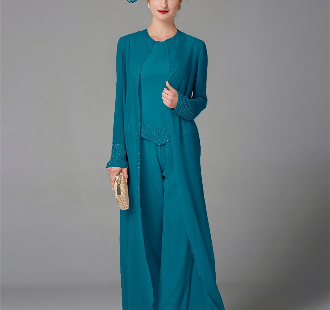Long Sleeve Chiffon Mother of the Bride Pantsuit with Jacket and Sequins