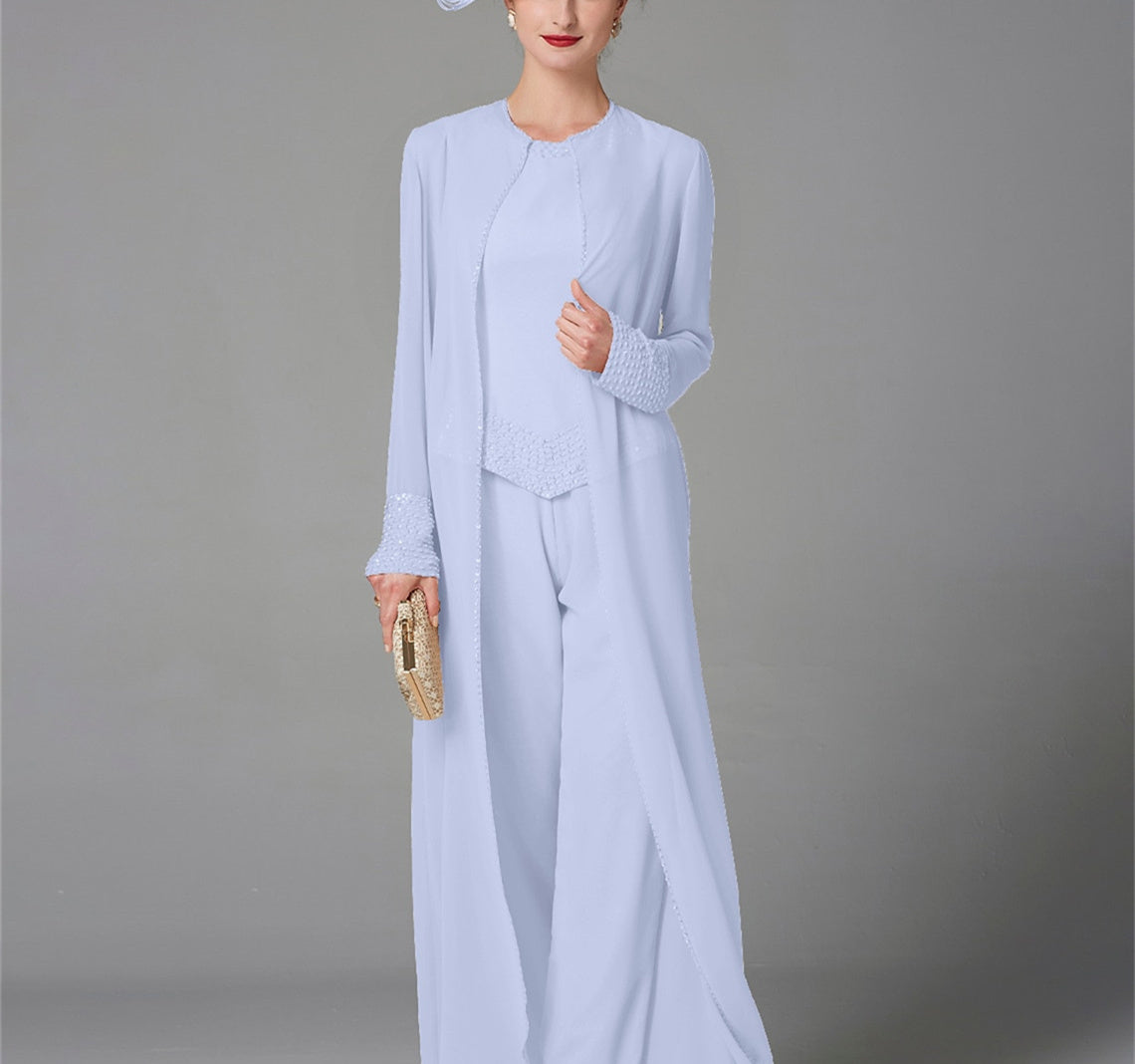 Long Sleeve Chiffon Mother of the Bride Pantsuit with Jacket and Sequins