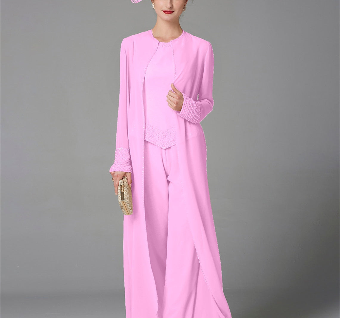 Long Sleeve Chiffon Mother of the Bride Pantsuit with Jacket and Sequins