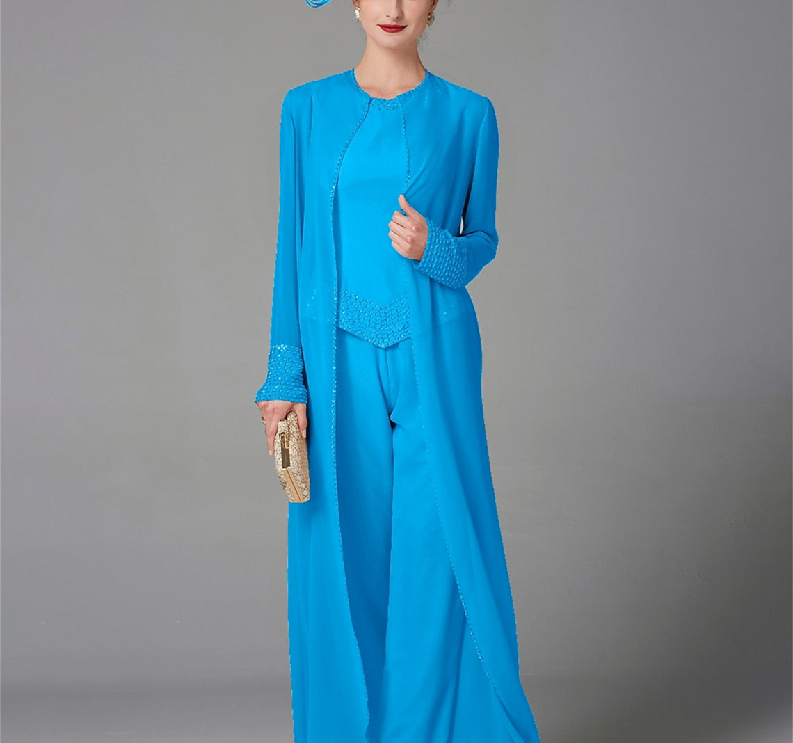 Long Sleeve Chiffon Mother of the Bride Pantsuit with Jacket and Sequins