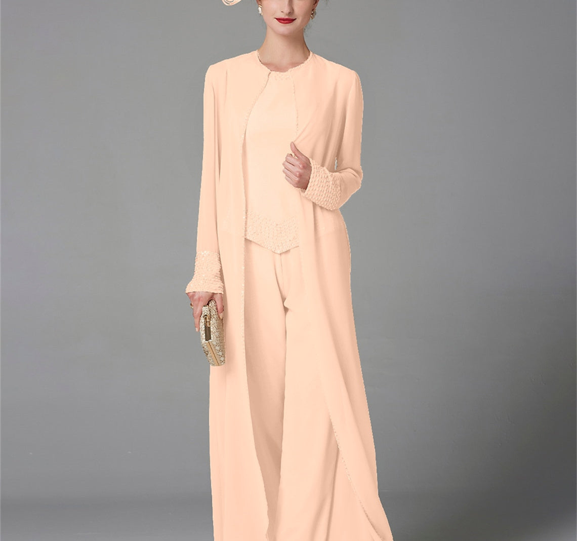 Long Sleeve Chiffon Mother of the Bride Pantsuit with Jacket and Sequins