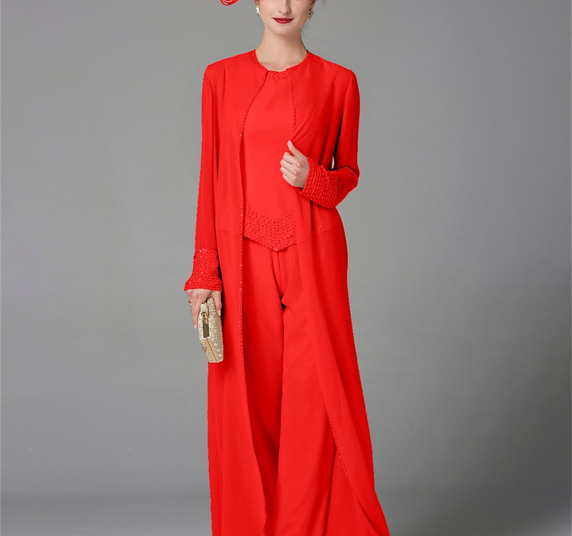 Long Sleeve Chiffon Mother of the Bride Pantsuit with Jacket and Sequins