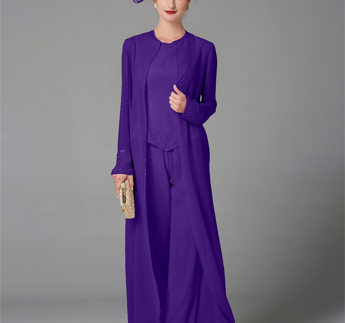 Long Sleeve Chiffon Mother of the Bride Pantsuit with Jacket and Sequins