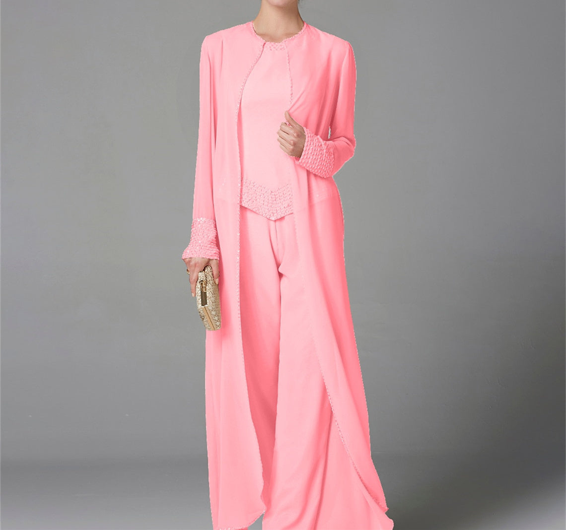 Long Sleeve Chiffon Mother of the Bride Pantsuit with Jacket and Sequins