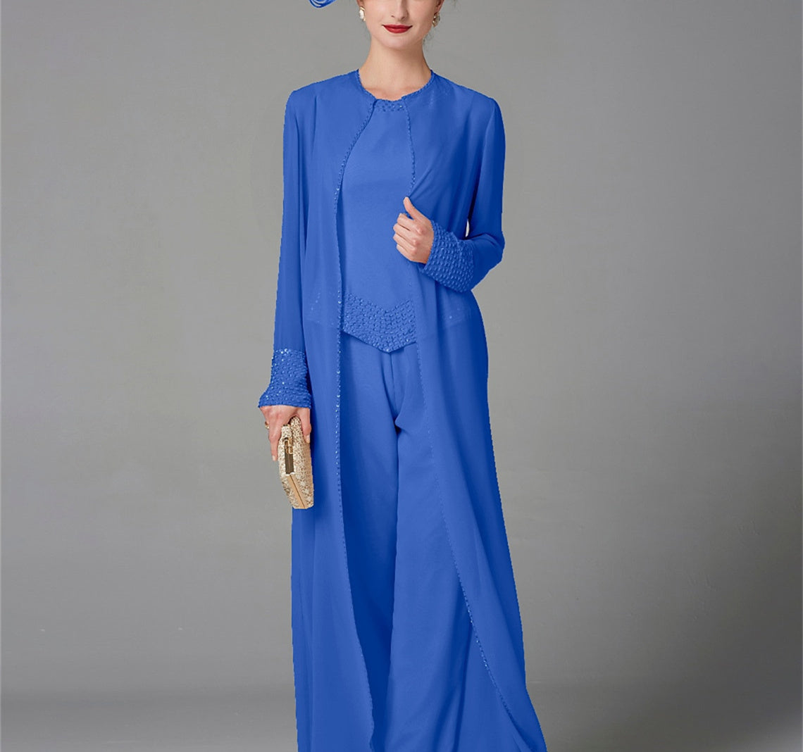 Long Sleeve Chiffon Mother of the Bride Pantsuit with Jacket and Sequins